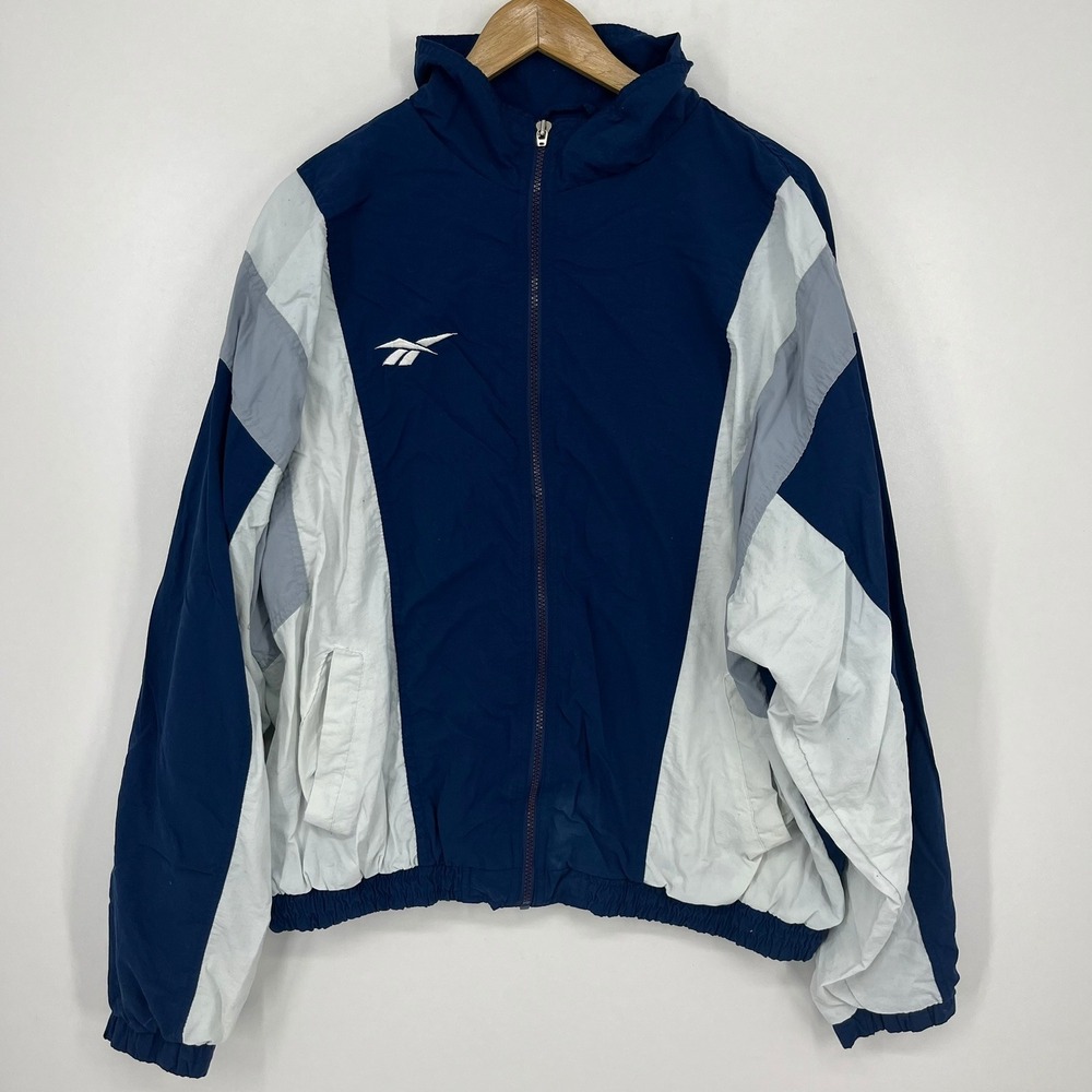Vintage Reebok Mens‎ XL Colorblock Windbreaker Track Jacket Navy Blue White Grey